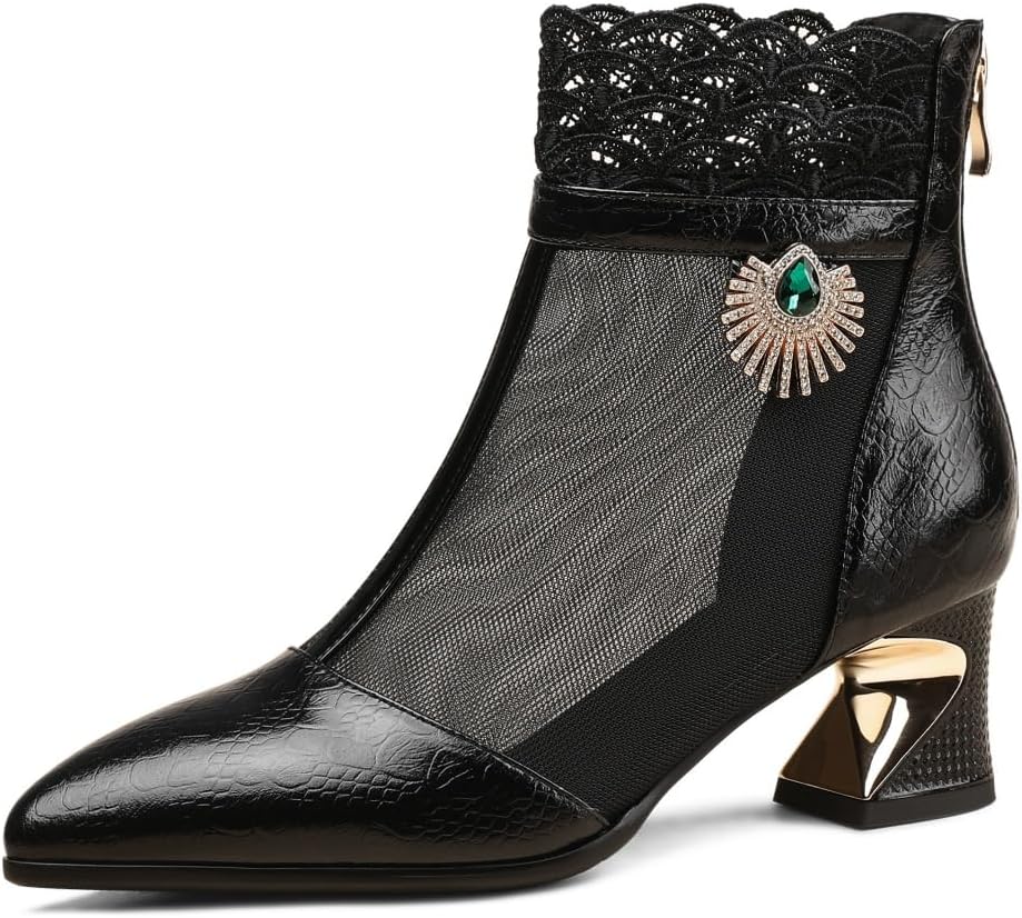 TinaCus Pointed Toe Genuine Leather & Mesh Handmade Lace Low Chunky Heels Ankle Boots with Zipper