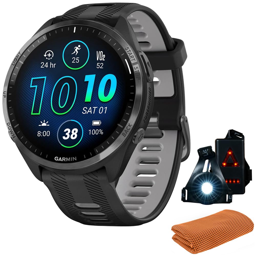 Garmin 010-02809-00 Forerunner 965 Running Smartwatch, Black and Powder Gray Bundle with Workout Cooling Sport Towel + Deco Essentials Wearable