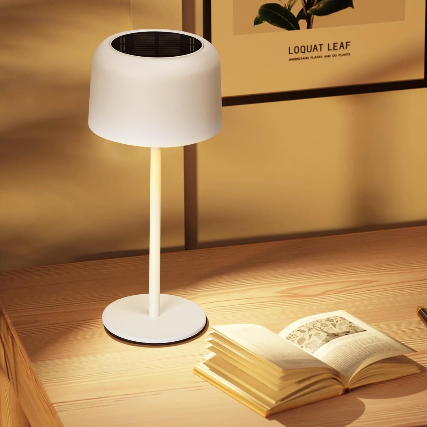 Aigostar Lámpara de Mesa Inalámbrica Recargable Solar y USB, Lámpara de Escritorio Táctil Regulable, Lámpara de Noche IP54 Impermeable para Interior y Exterior, Dormitorio, Restaurante - Blanco