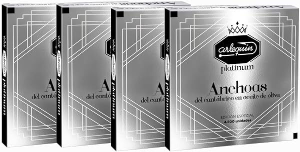 ARLEQUIN Serie Platinum Anchoa del Cantábrico, Elaborada a Mano en Santoña, en Aceite de Oliva (4 Latas (440 grs y 48 Filetes) - 1
