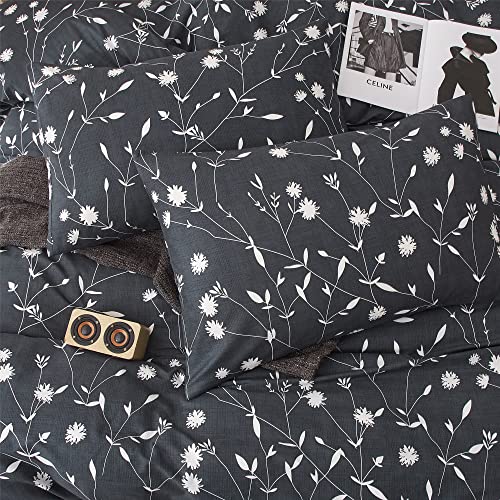 Pinkmemory Queen Duvet Cover Floral Cotton Bedding Set Gray Flowers Branches Printing Bedding Duvet Cover Set-Soft Breathable Zipper Closure-Without Comforter Insert #TOP4