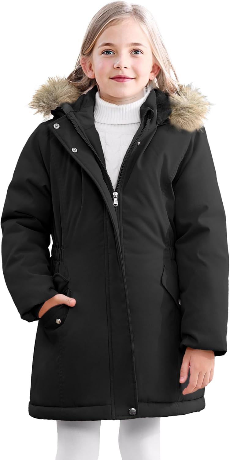 XMWEALTHY Girls' Winter Puffer Coat Kids Warm Windproof Long Parka Hooded Jacket with Fur Trim