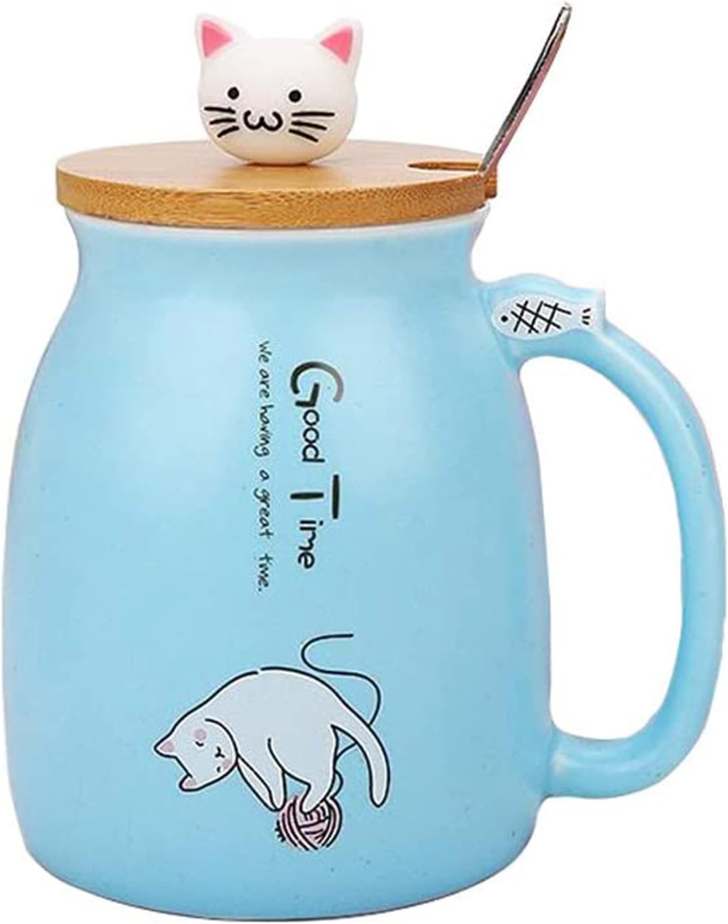 ELECDON Cat Mug Cute Ceramic Coffee Cup with Lovely Kitty wooden lid Stainless Steel Spoon, Novelty Morning Cup Tea Milk Christmas Mug, Tea Water Milk Mugs for Home Office Drinkware Gift 330ML(Blue)