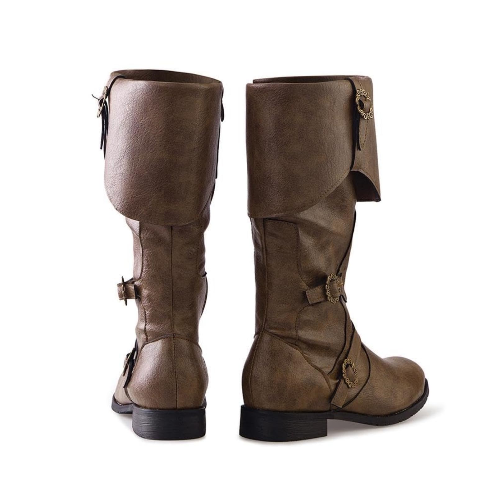 Generisch Cosplay Stiefel Flach Damen Kunstleder Mittelalter Stiefel Wikinger Piraten Kostüm Lederstiefel Renaissance Faire Cosplay Schuhe Pull On Boots Mid Calf Gothic Boots Einfarbige Blockabsatz