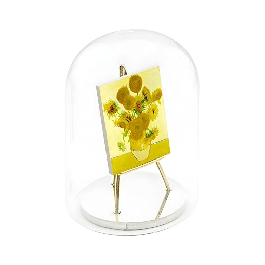 Famous Painting Miniature Art Display Collection - with Artwork by Vincent Van Gogh, Claude Monet & Picasso - 18k Gold Plated Stand with Glass Dome (Vase with Fifteen Sunflowers)