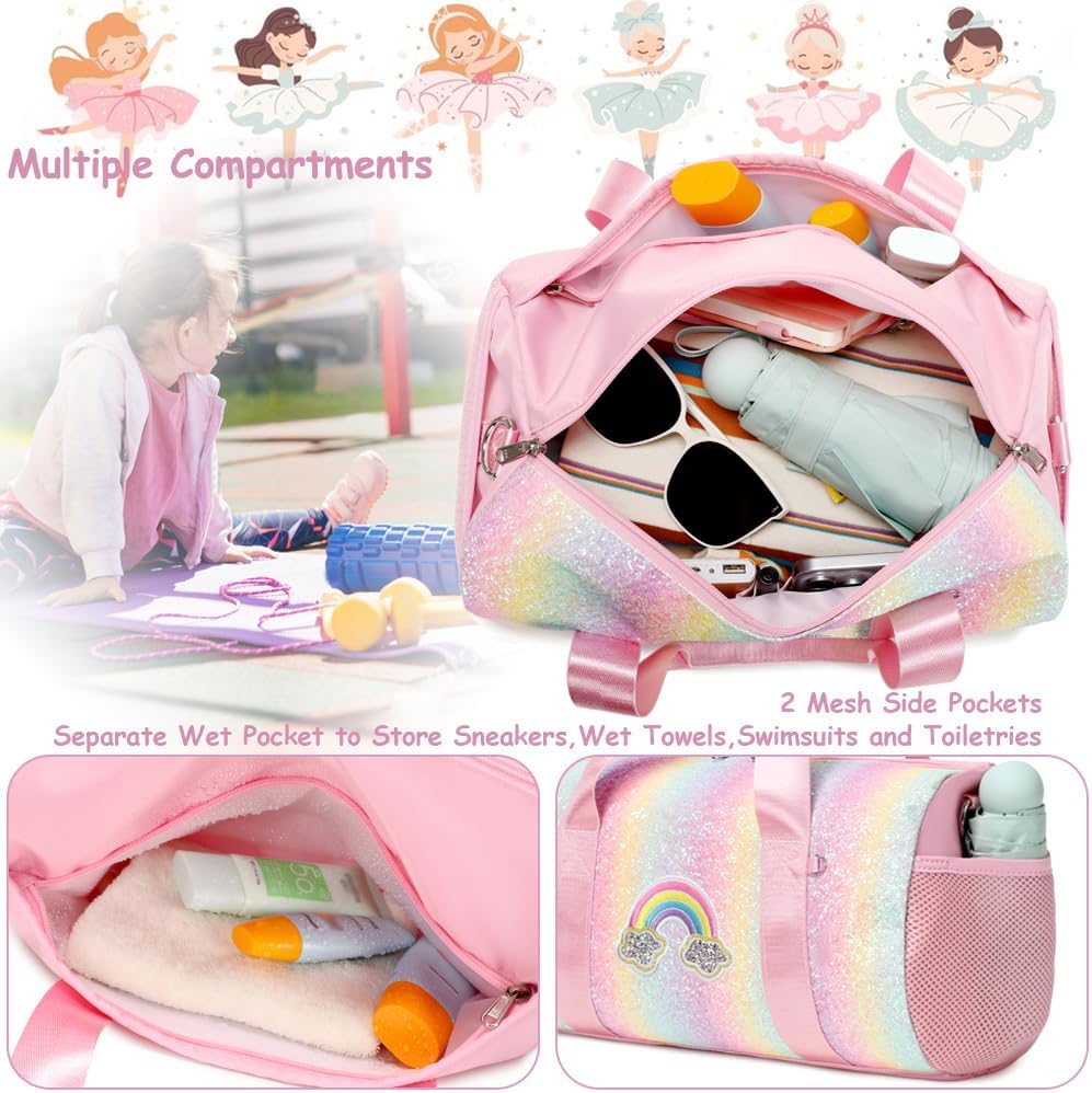 Ballet Dance Bag for Girls Dancers Shiny Rainbow Glitter Sports Duffle Bag for Kids Girls Ballerina Duffle with Shoulder Strap and Waterproof Wet Pocket - Image 6