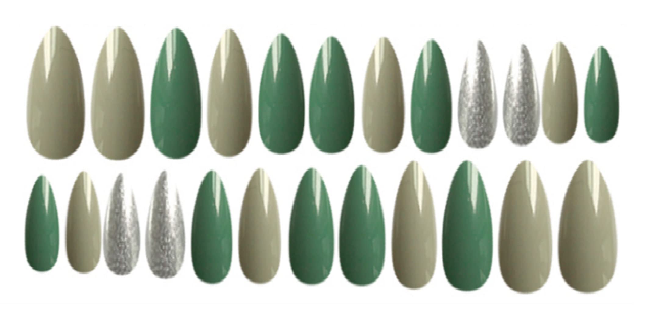 VIKSON INTERNATIONAL 24 Pcs press on dark light Green Silver || UV glossy finish almond shape || press on false artificial Nails extension set || With nail glue sticker sheet & nails apply kit for girls women 1