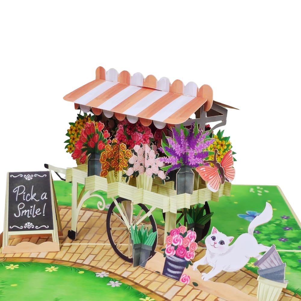 POPWOW Flowers Cart Pop Up Card, Cat Catching Butterfly, 3D Greeting Card, Gifts for Birthday, Mothers Day, Valentines Day, Mom, Wife, Girlfriend,
