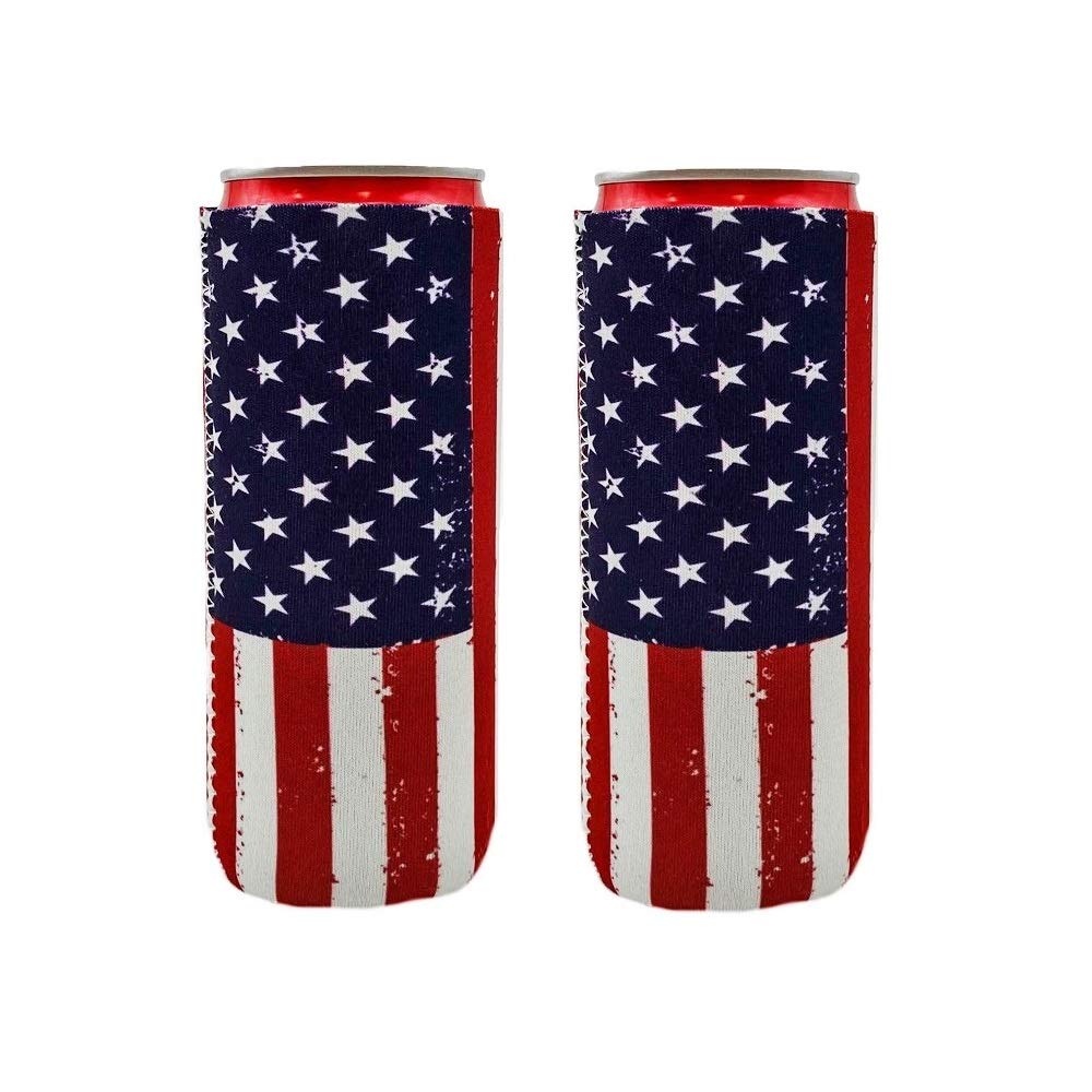 AJLTPA Neoprene Slim Can Cooler (2Pack) - American Flag - Fits 12oz Slim Cans - Keeps Drinks Cool & Hands Dry