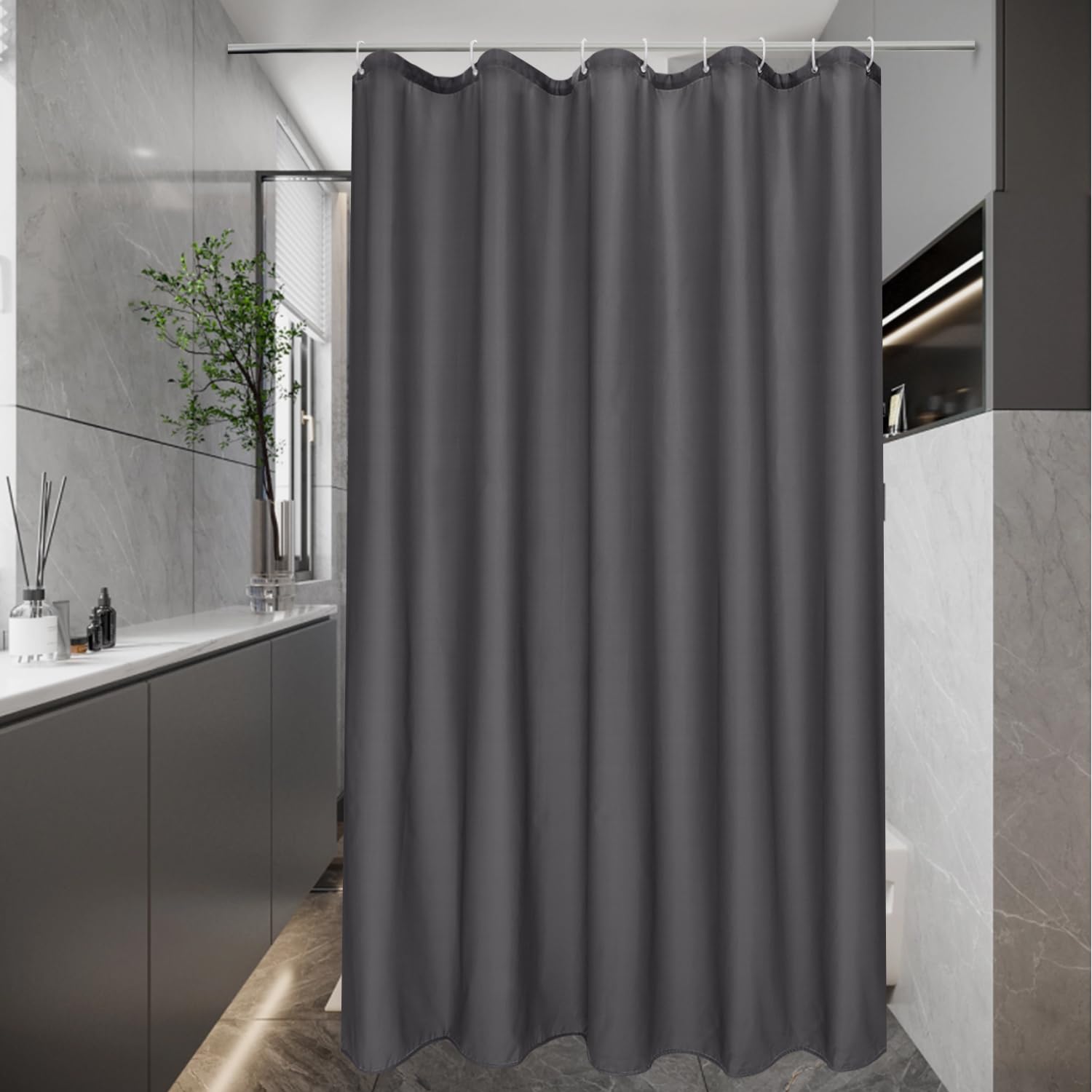 EurCross Cortina de ducha estrecha de 120 x 180 cm, gris oscuro, resistente al agua, para baño, bañera, pequeña cortina de ducha de tela de poliéster, antimoho, lavable con 8 anillas