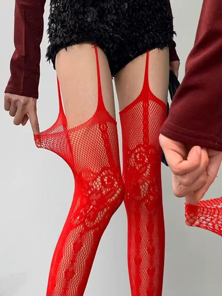 MEIFULLE Hollowed Out Lace Fishnet Suspender Socks Women Sexy Slim Nylon Mesh Thigh High Stockings White Tights Open Crotch Pantyhose