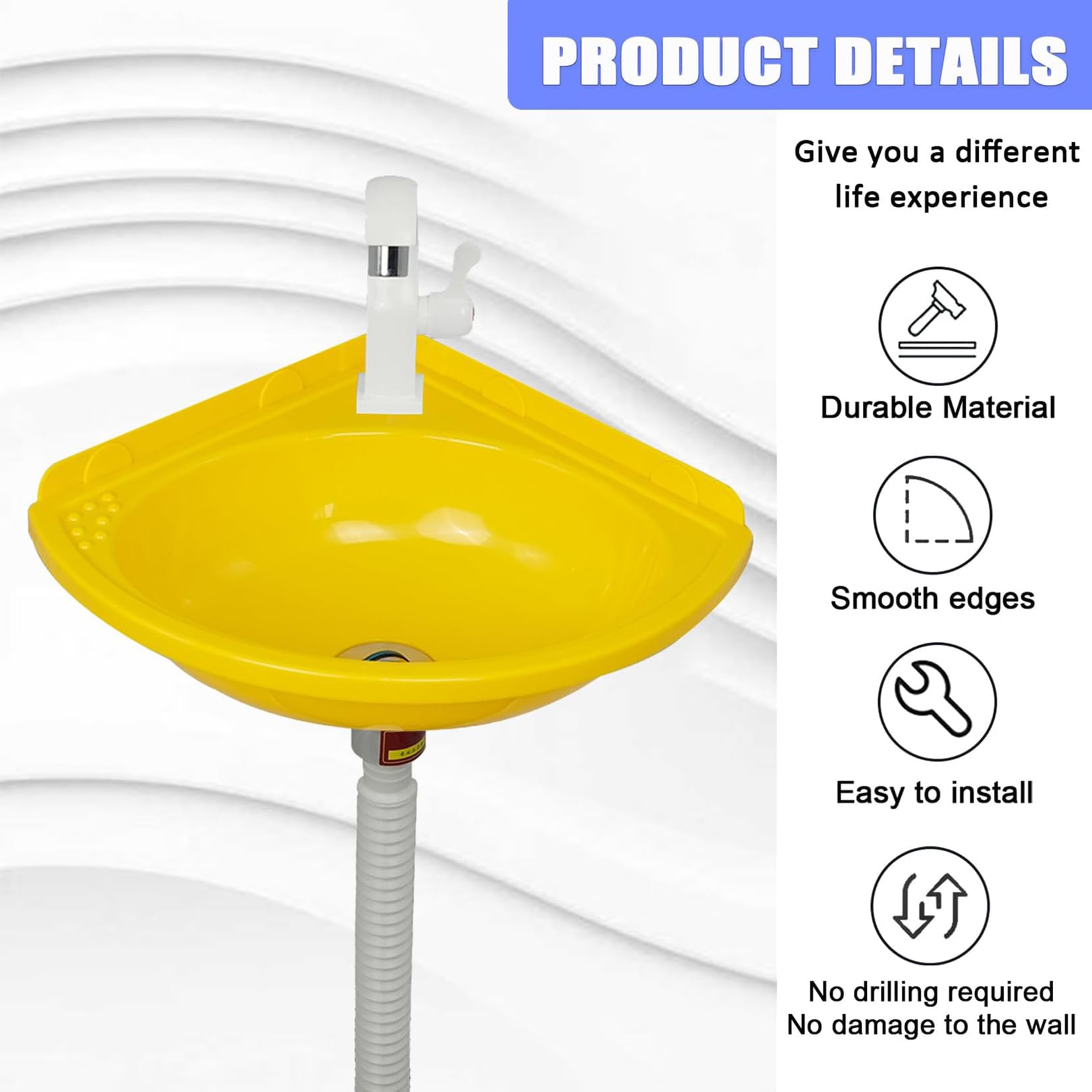 Lavabo Piccolo angolare Lavabo A Parete Senza Foratura Lavandini Triangolare Plastica Con Rubinetto E Accessori Di Scarico,Lavello per Bagno Per Camping-Car,Barca,Bagno,Wc