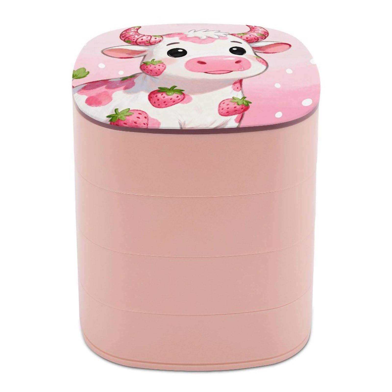 VstaDank Strawberry-flavored Cute Cow Jewelry Box 360° Rotatable Jewelry Organizer 4 Layers Jewelry Case with Lid Fashion Portable Earring Holder for Bracelets Rings Bracelets Vanity