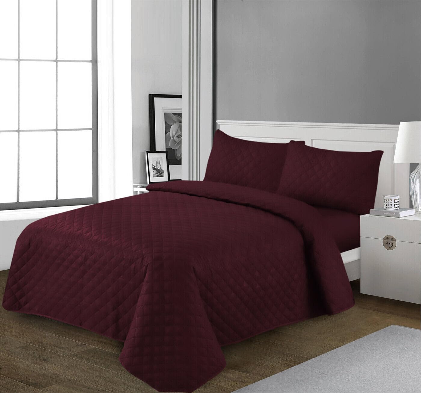 Embossed Bedspread Set with Pillow Shams - Embossed Quilted Bedspread Bed Throw Set With Pillowcases Elegant 3 Piece Bed Throw (Burgundy, Single)