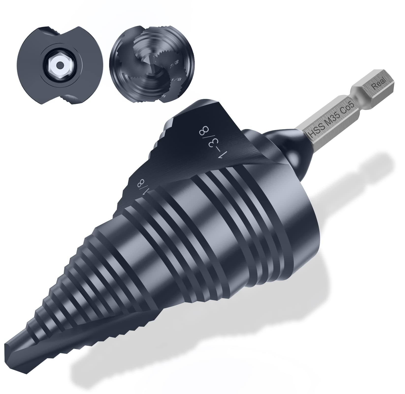 MACXCOIP UPGRADE M35 Cobalt Step Drill Bit with Ultra TiAIN Coating, 1/4" - 1-3/8" Unibit Step Bit with Double Sprial Flute, 1/4" Hex Shank Drill Bit