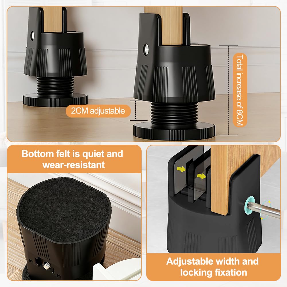 LOMUG 4 sztuki podwyższenia mebli 6-8 cm, regulowane podwyższenie łóżka do kwadratowych i okrągłych nóg krzeseł o szerokości 10-50 mm, z zaciskiem śrubowym, podwyższenie krzeseł, do dużych obciążeń