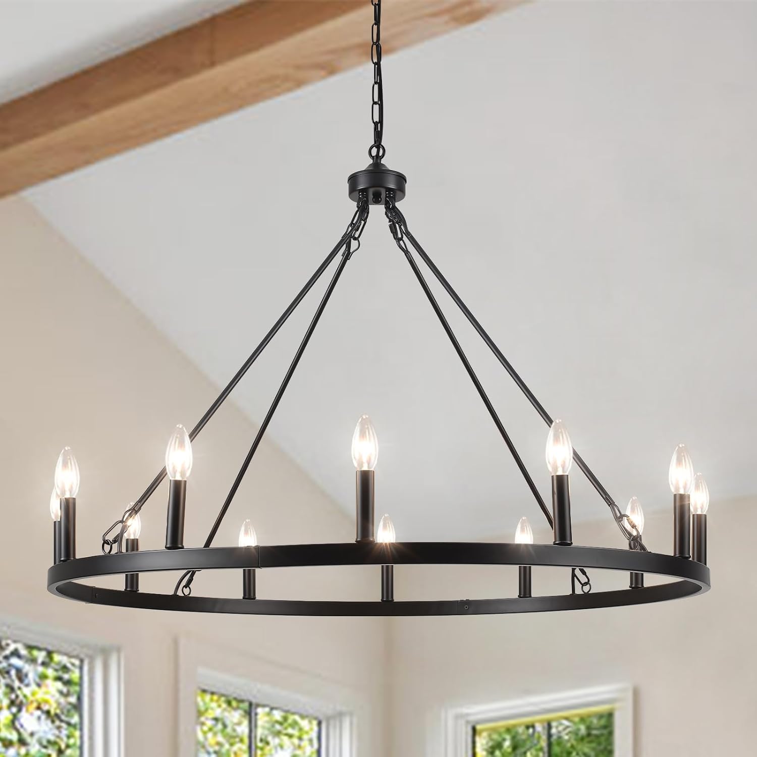 Wagon Wheel Chandelier 12 Light 38" Large Black Farmhouse Chandelier for Dining Room Rustic Country Pendant Light Fixtures Hanging Modern Round Chandeliers for Living Room High Ceilings Foyer Entryway 12 Lights-Black