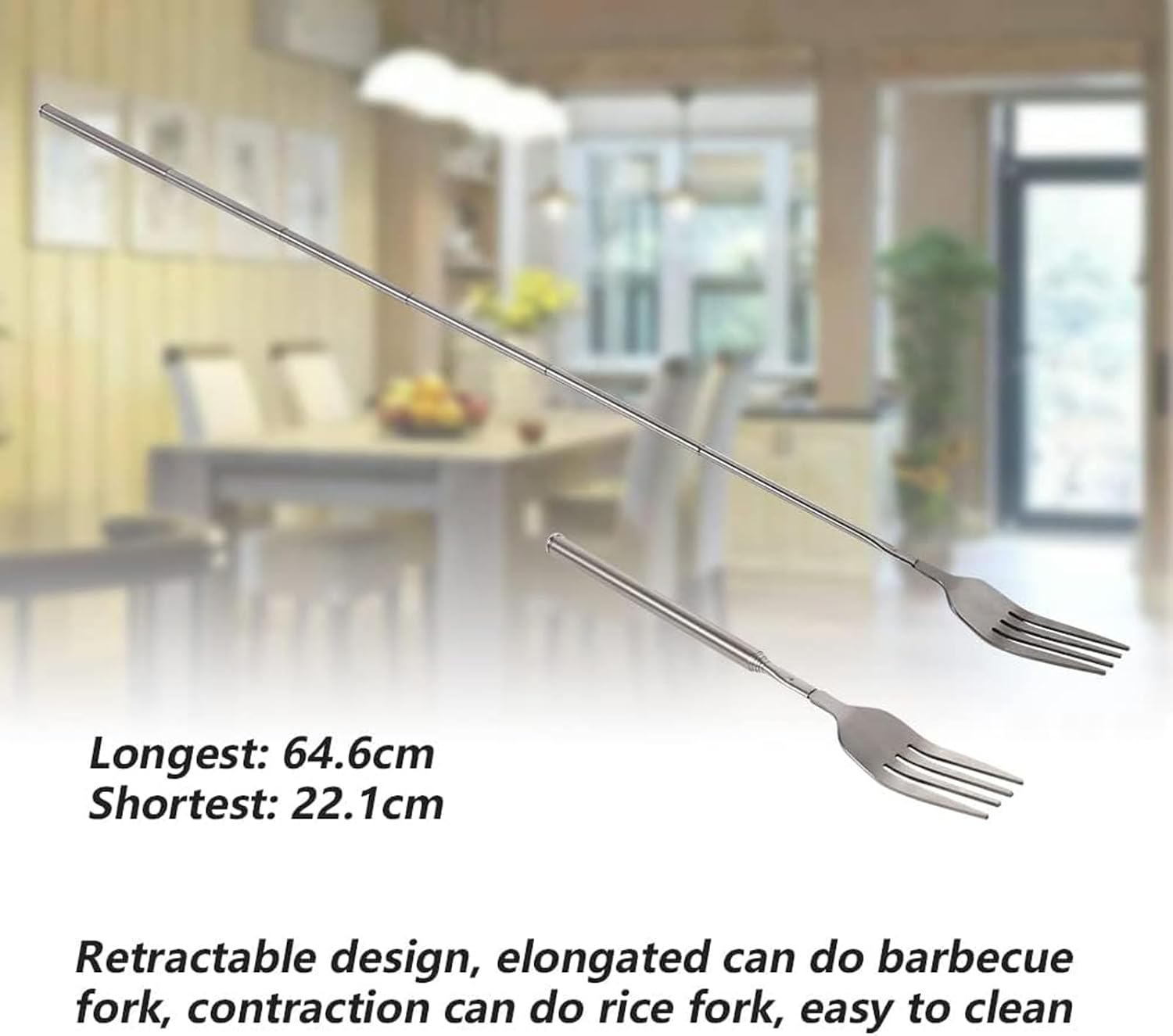 Extendable Fork, Durable Stainless Steel Telescopic Fork Retractable Dinner Forks Dessert BBQ Dinner Fruit Long Handle Telescoping Fork Cutlery for Cooking 8.7-25.4Inch (One Dinner Fork)