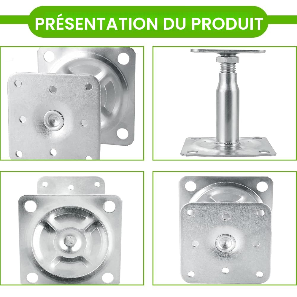 Lot de 4 supports de poteau réglables en hauteur avec 16 vis galvanisées 100-150 mm Support de poteau à visser sur film galvanisé épais passivé