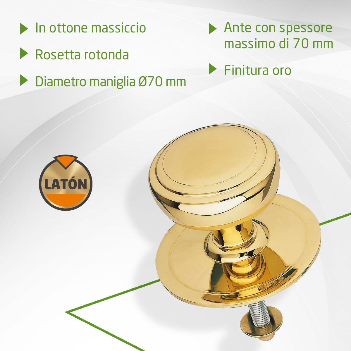 Amig - Pomello Mod 12 dorato rotondo in ottone massiccio lucido per porte esterne di ingresso | Diametro maniglia Ø70 mm · Altezza 68,5 mm | Facile da installare Include dado di fissaggio