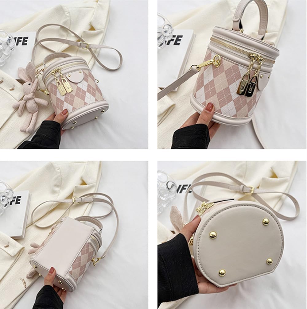 Women's Rhomboid Pattern Cylinderial Bucket Bag Crossbody Shoulder Bag Cylinder Purse Satchel Handbag with Bunny Doll