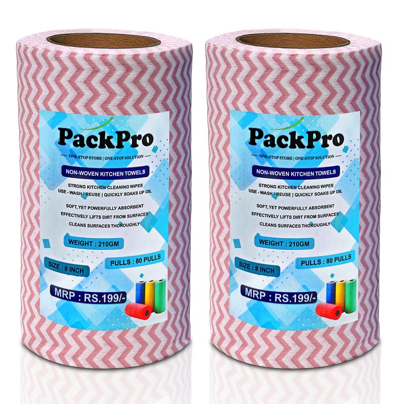 Image of Non-Woven Kitchen Towel Roll | Red | 160 Pulls | 80 Pulls x 2 Rolls | Washable, Eco-Friendly, Disposable Cleaning Towels for Home, Office, and Kitchen Use | Soft & Highly Absorbent