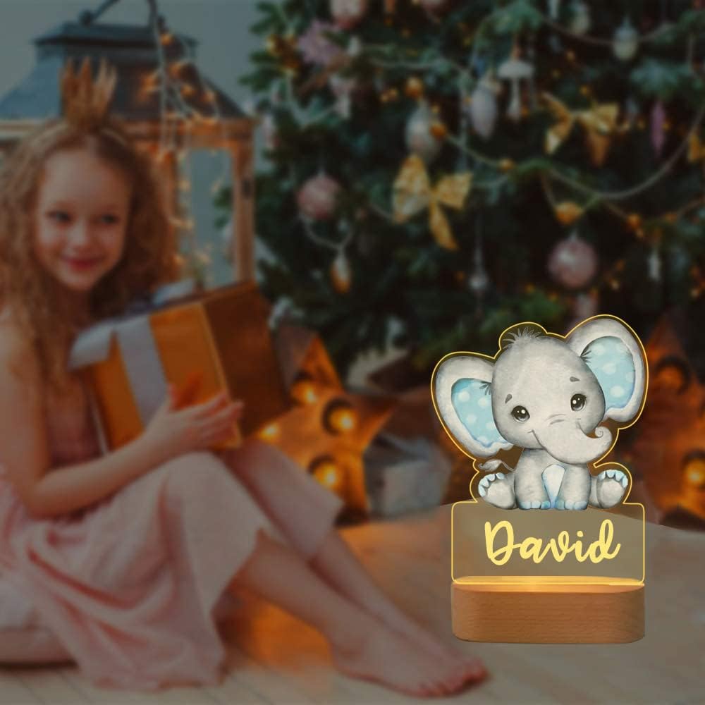 3-Color Small Night Lamp Custom Name Elephant Night Light, Personalized Animals Led Bedroom Living Room Lamp with USB Charger, Decorative Nightstand Lights Gift for Kids