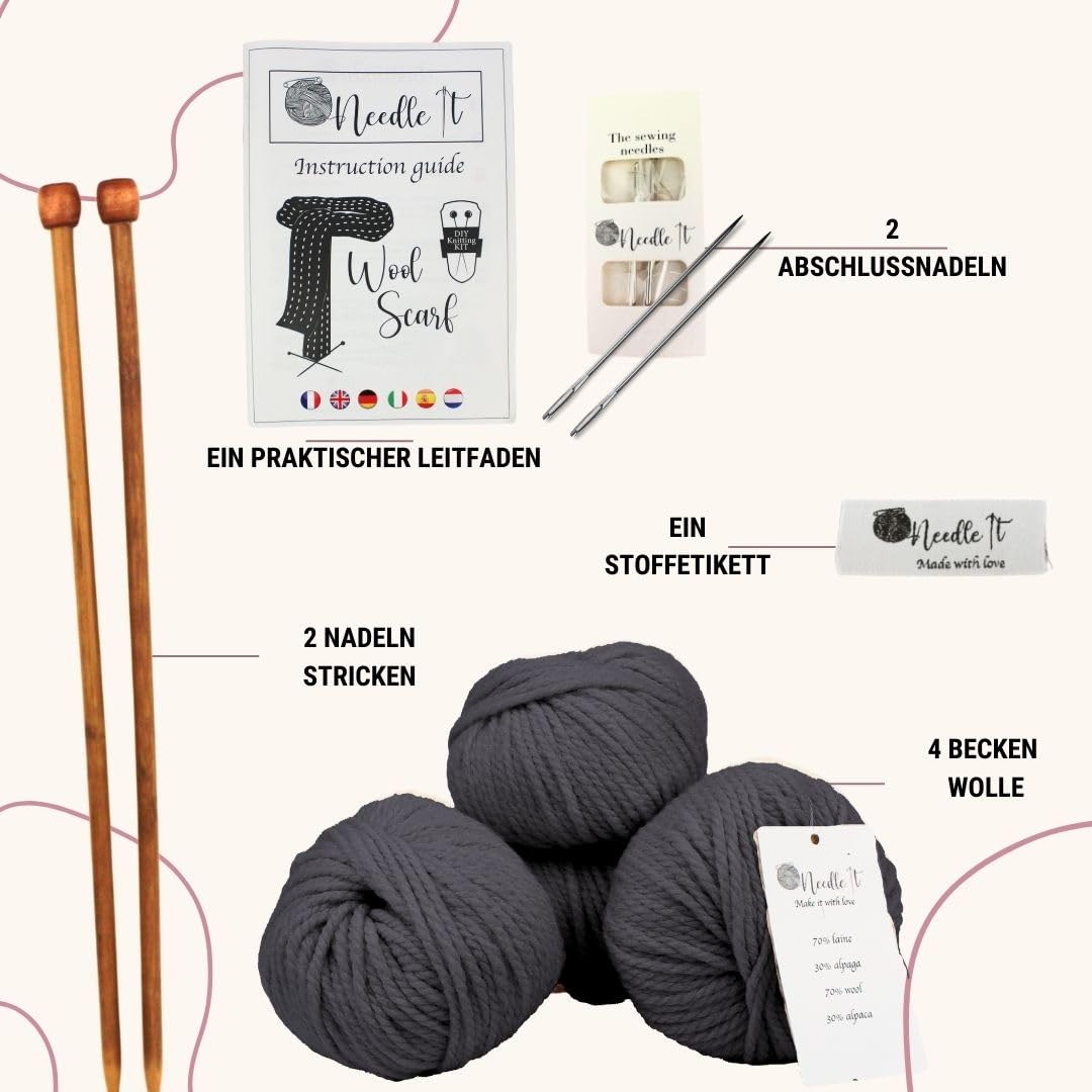 Komplettes Strickset für Anfänger mit Stricknadeln - Strickschal aus Wolle - Geschenkidee (Grau)