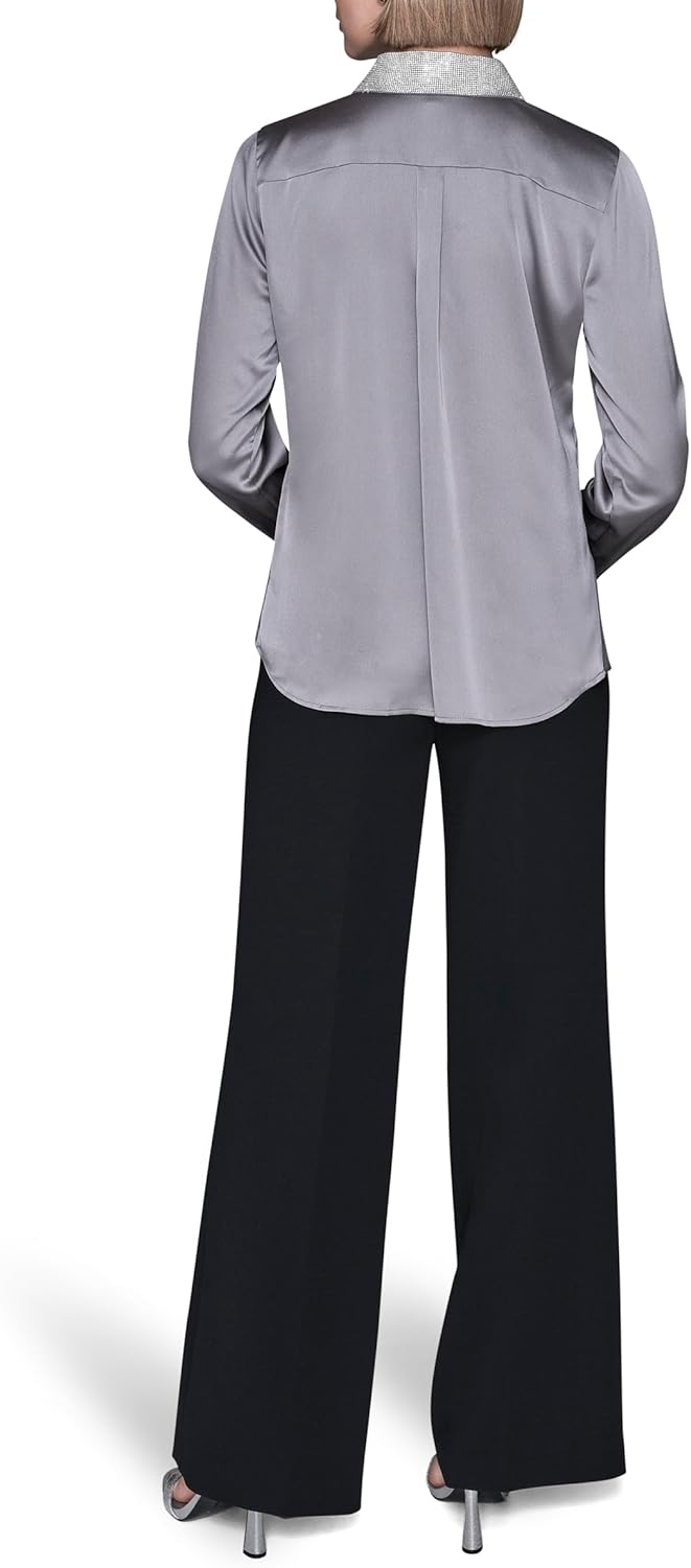 Karl Lagerfeld Womens Long Sleeve Collared Neck Crystal Collar Elevated Button Down - Image 3