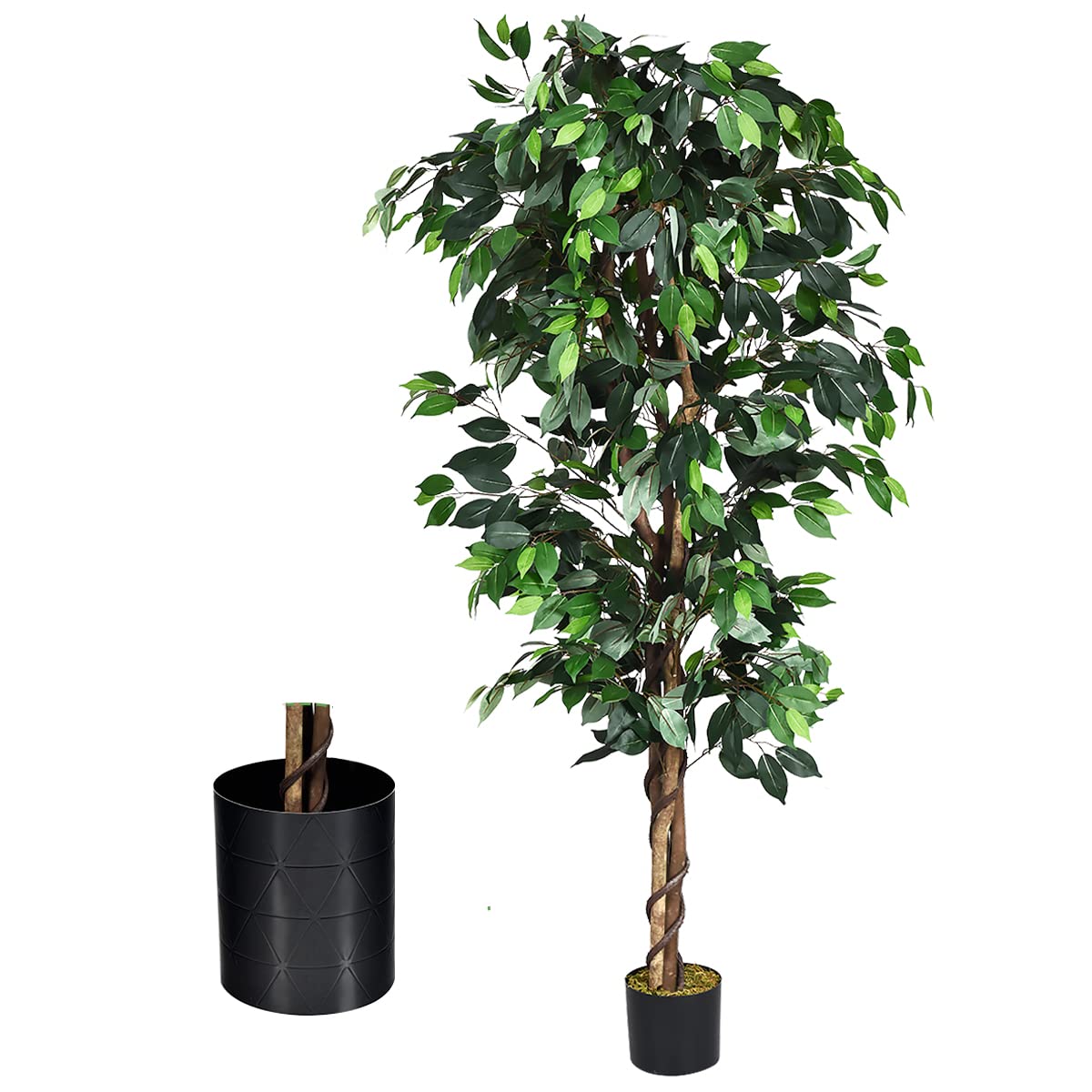 COSTWAY 4FT/6FT Artificial Ficus Tree, Outdoor Fake Ficus Plants with Plastic Pot, Lightweight & Easy to Clean, Greenery Decorative Indoor Artificial Plant for Home Office Living Room (1, 6FT/1.8M)