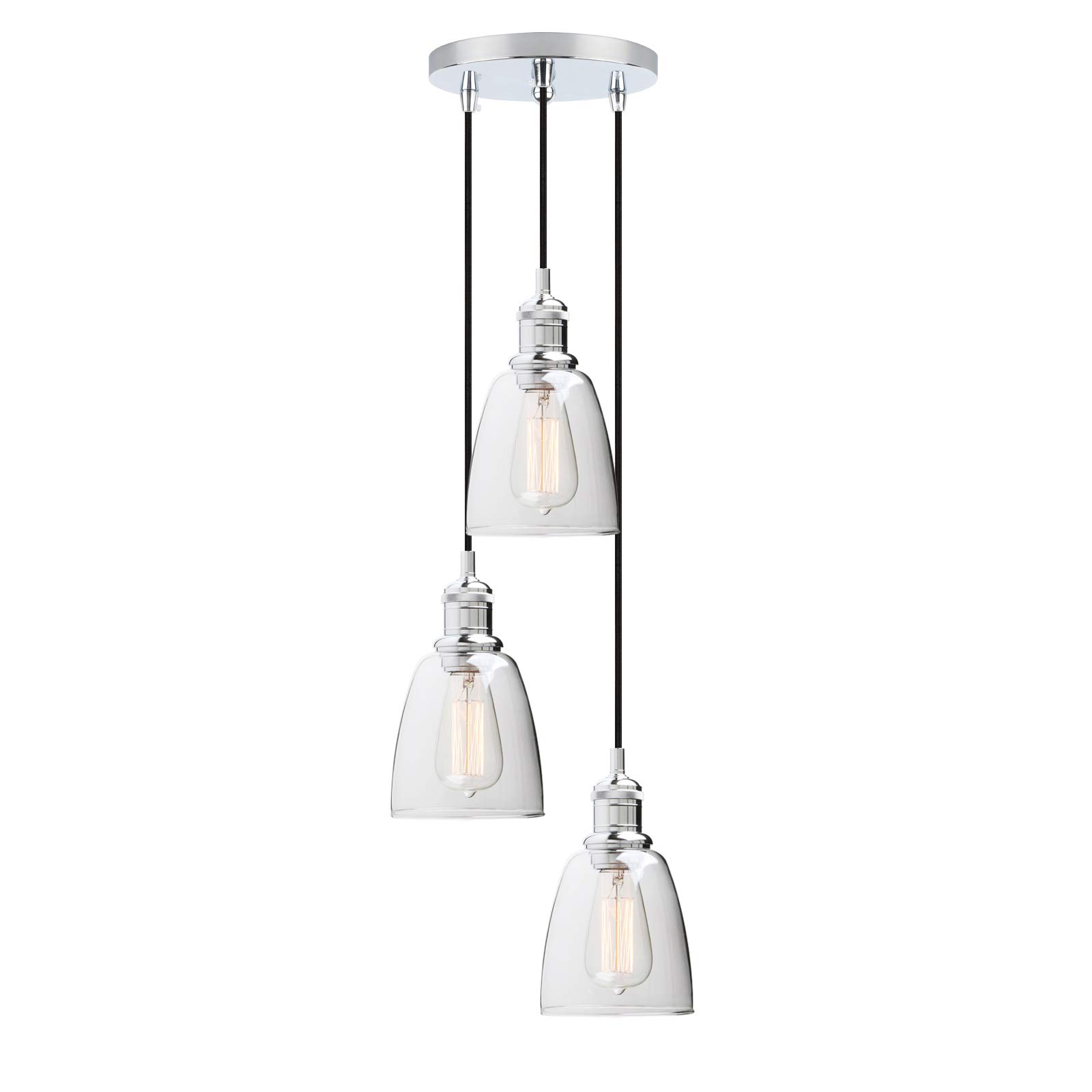 Yosoan Industrial Vintage Loft Bar 3 Way Pendant Light Fittings with Bell Glass Shade, Hanging Ceiling 3 Lights Chandelier for Kitchen Island Dining Room Living Room Restaurant Cafe (Chrome)