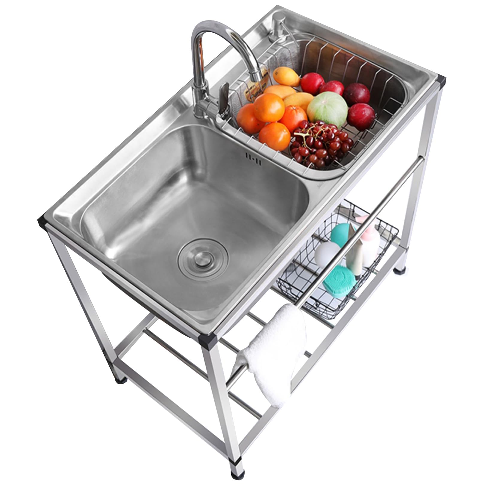 Commercial Stainless Steel Double Bowl Sink with Hot and Cold Tap, Drainer, and Storage Shelf for Restaurant Kitchen Use