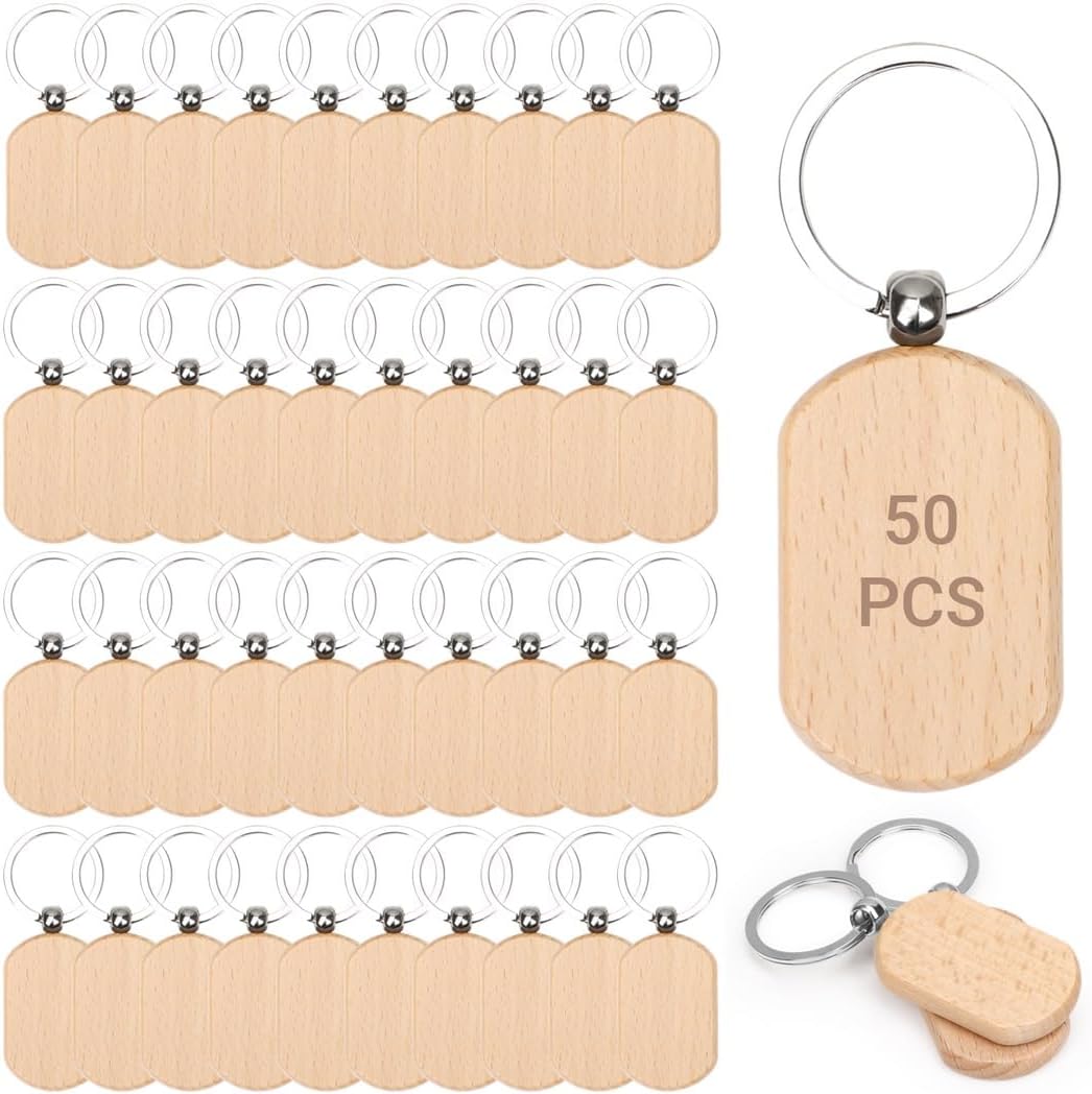 50 PCS Wooden Keychains, Wooden Blank Key Rings Bulk, Engraving Blanks Wood Key Ring Tags for DIY Gift Crafts, Natural Wood Key Rings for Hanging Keys, Carving, Party Favors, Small Use
