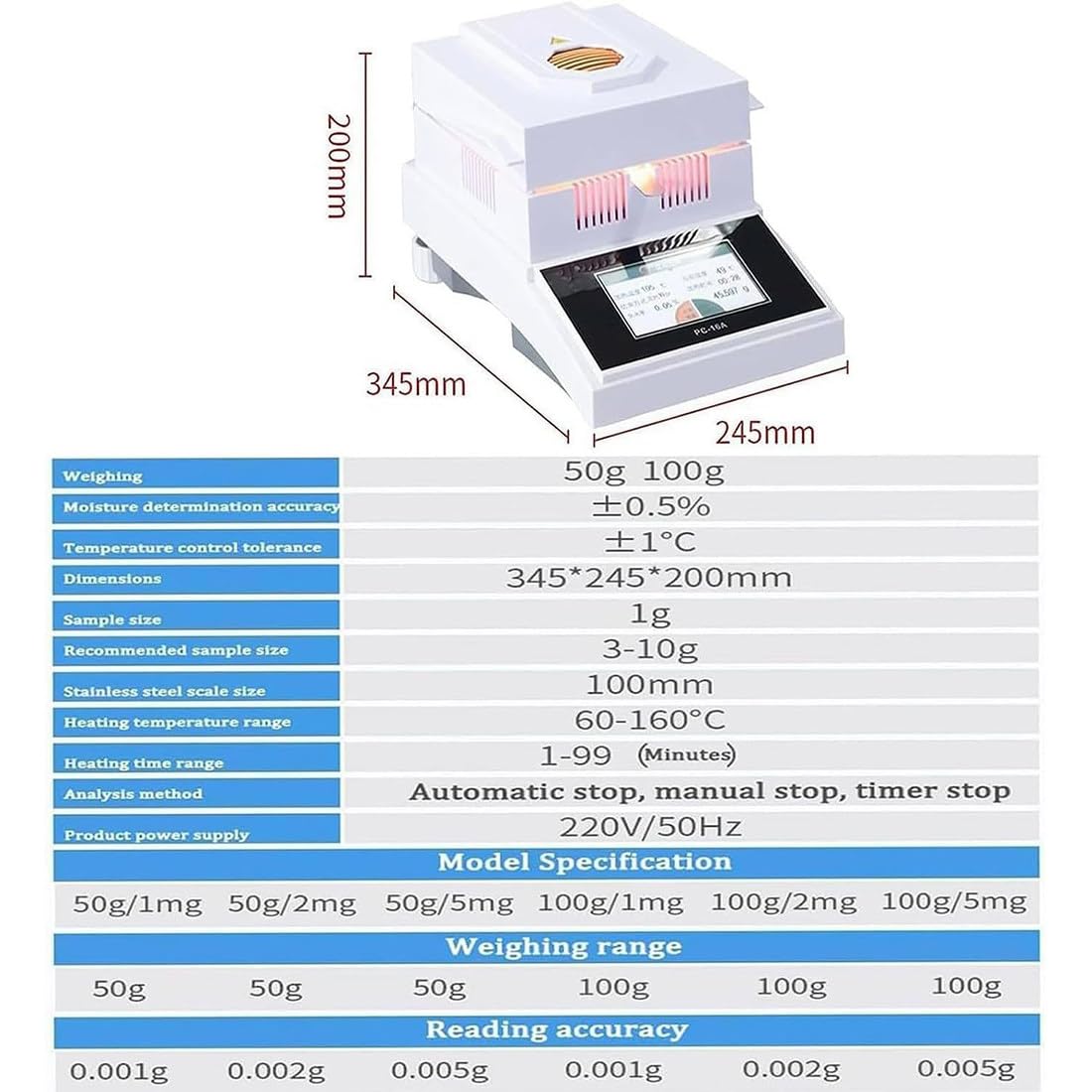 Analizator wilgoci do laboratorium, pojemność 50 g/100 g, odczyt 1 mg-5 mg, zakres suszenia 60-160°C, zawiera 10 naczyń, RS232 do testowania żywności, ziarna i chemikaliów