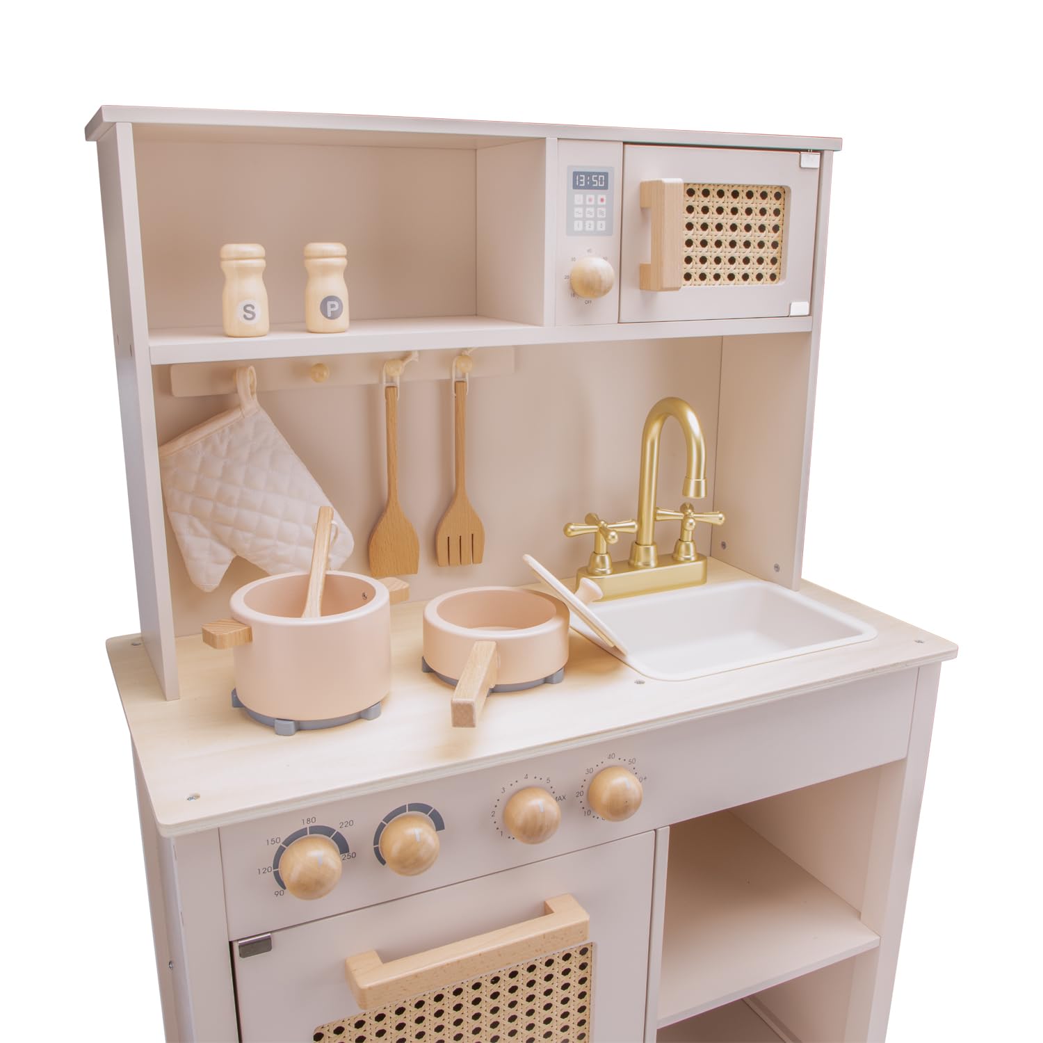 Woet® Cuisine Jouet Rose en Bois pour Enfants - Détails en Rotin et Accessoires - Set d’Imitation - À Partir de 3 Ans