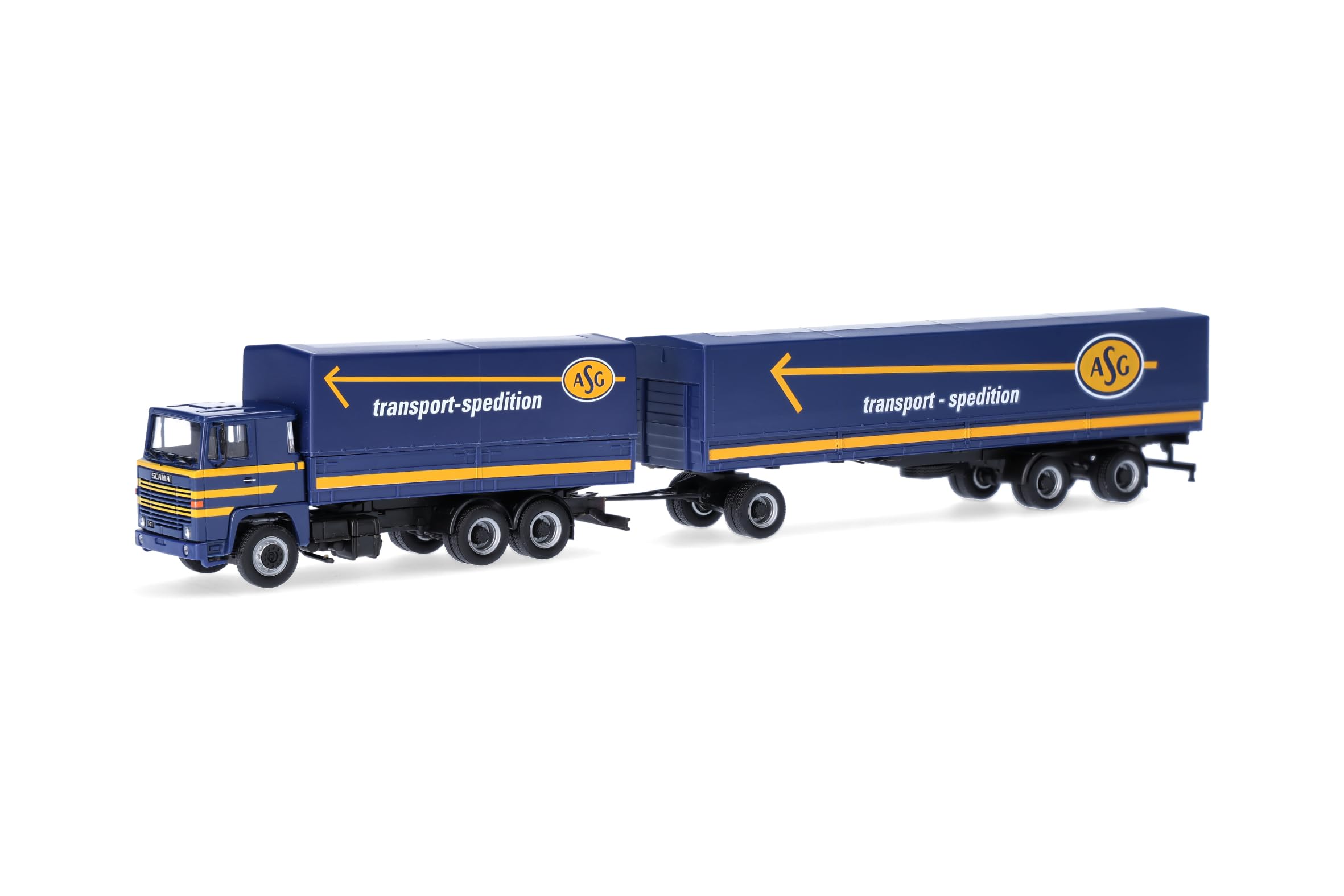 Herpa truck model Scania 141 flat-bed trailer "ASG" (Sweden/Stockholm), on a scale of 1:87, plastic miniature, made in Germany, model building, collectors edition