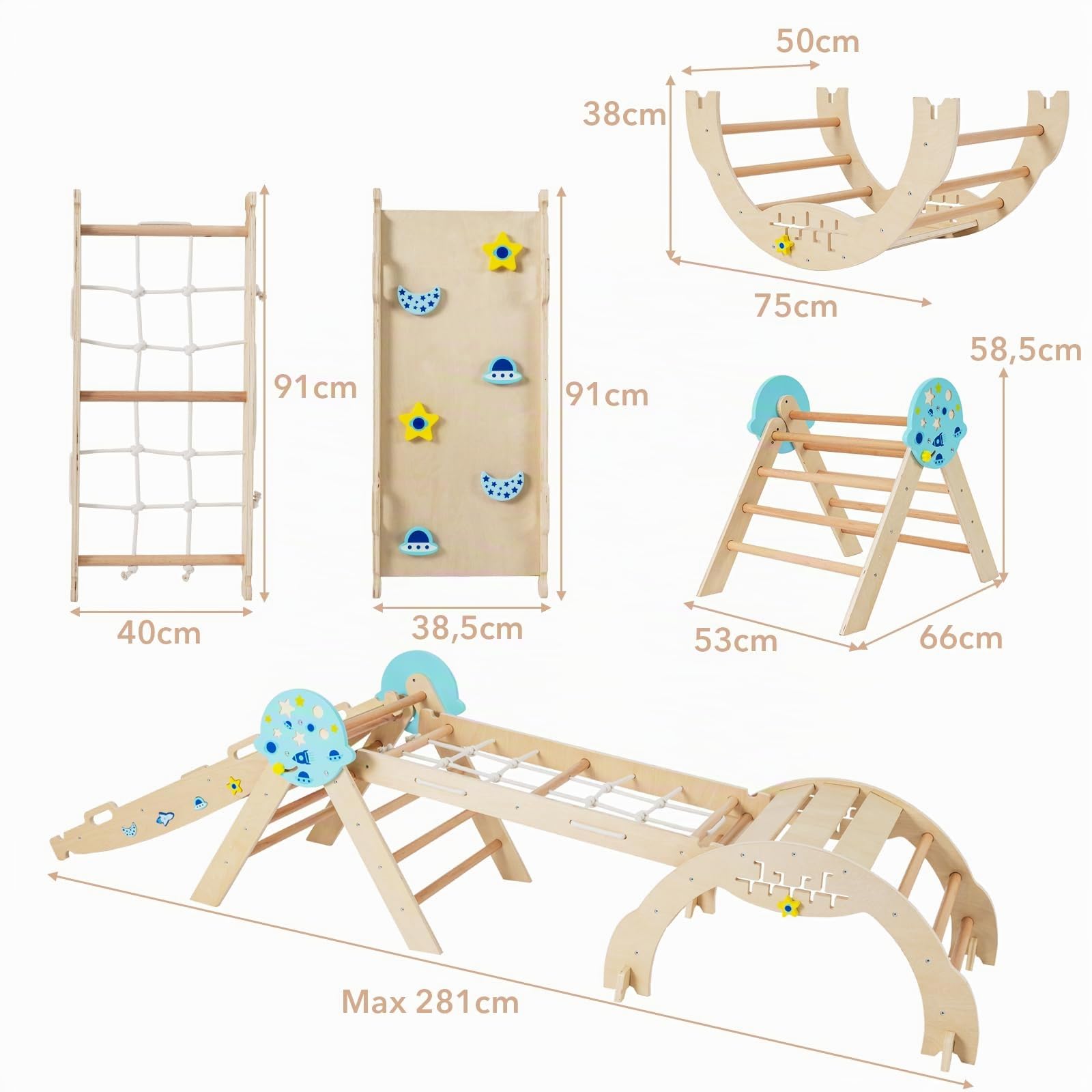 DREAMADE 9 en 1Triangle d'escalade Montessori en Bois Astronaute, Filet, Arche d’Escalade Pliable Éducative pour Enfants, Aire de Jeux Bébé pour Salon, Chambre, Maternelle (Naturel)