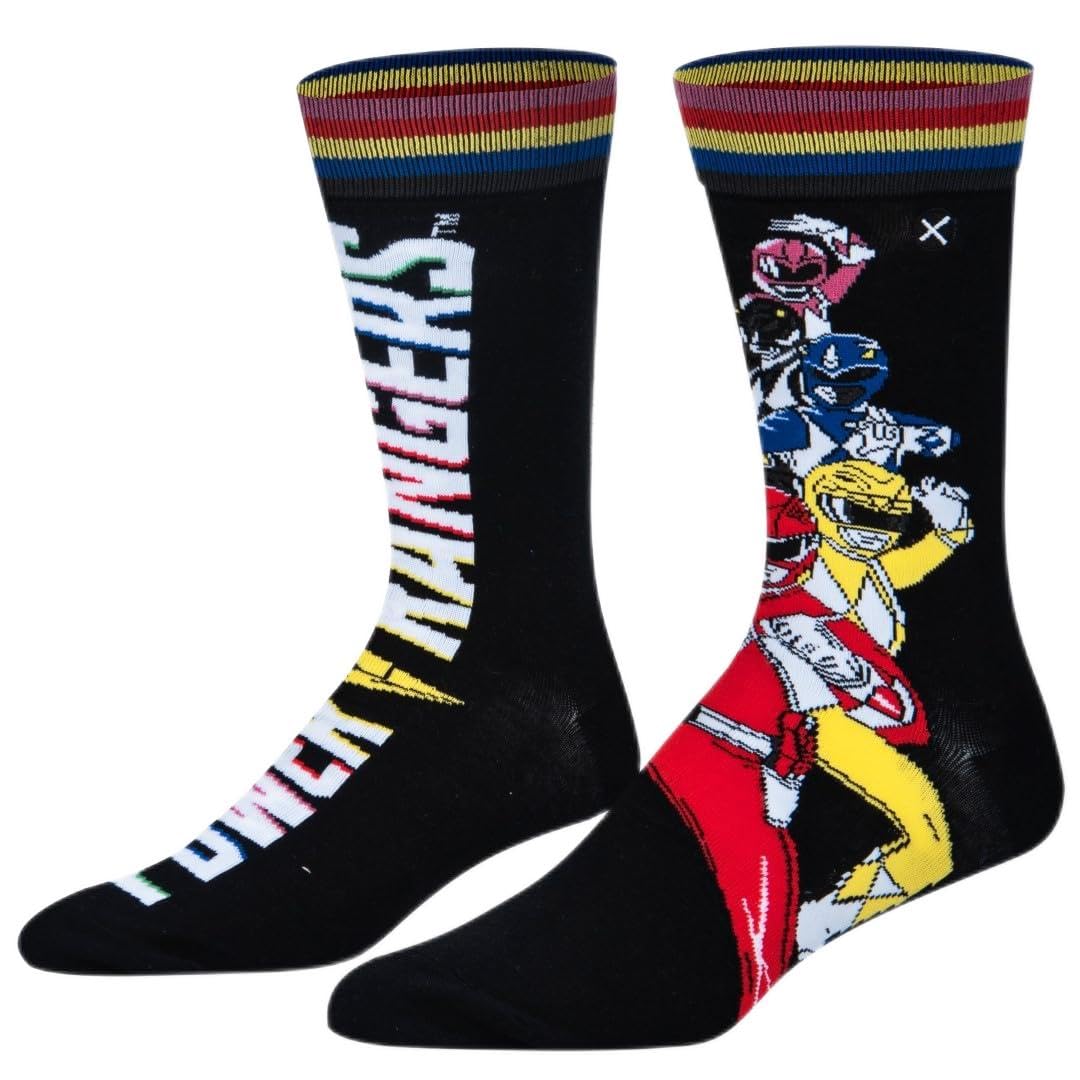 Odd Sox Unisex All Rangers Funny Crew Socks, Mighty Morphin Power Power Rangers, Adult Large 8-12, Power Rangers Split, Large