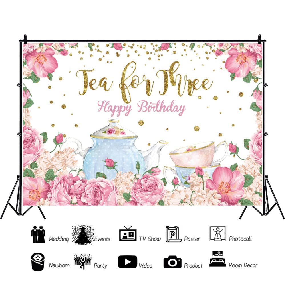 Tea For Three Birthday Party Decorations - 3rd Birthday Girl Tea Party Decor Kit With Backdrop & Balloons