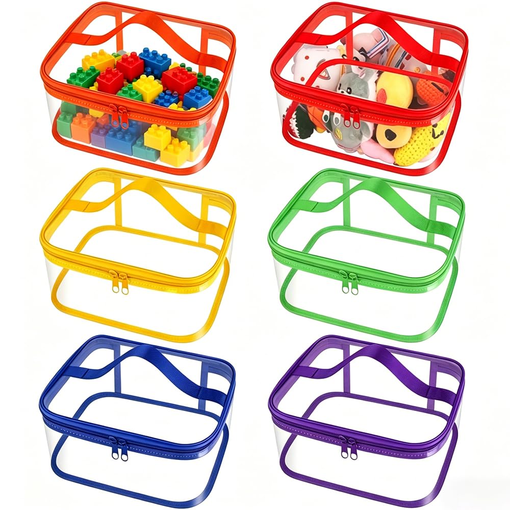 6 Colors Clear Toy Storage Bags, Clear Storage Bags with Zipper Handle