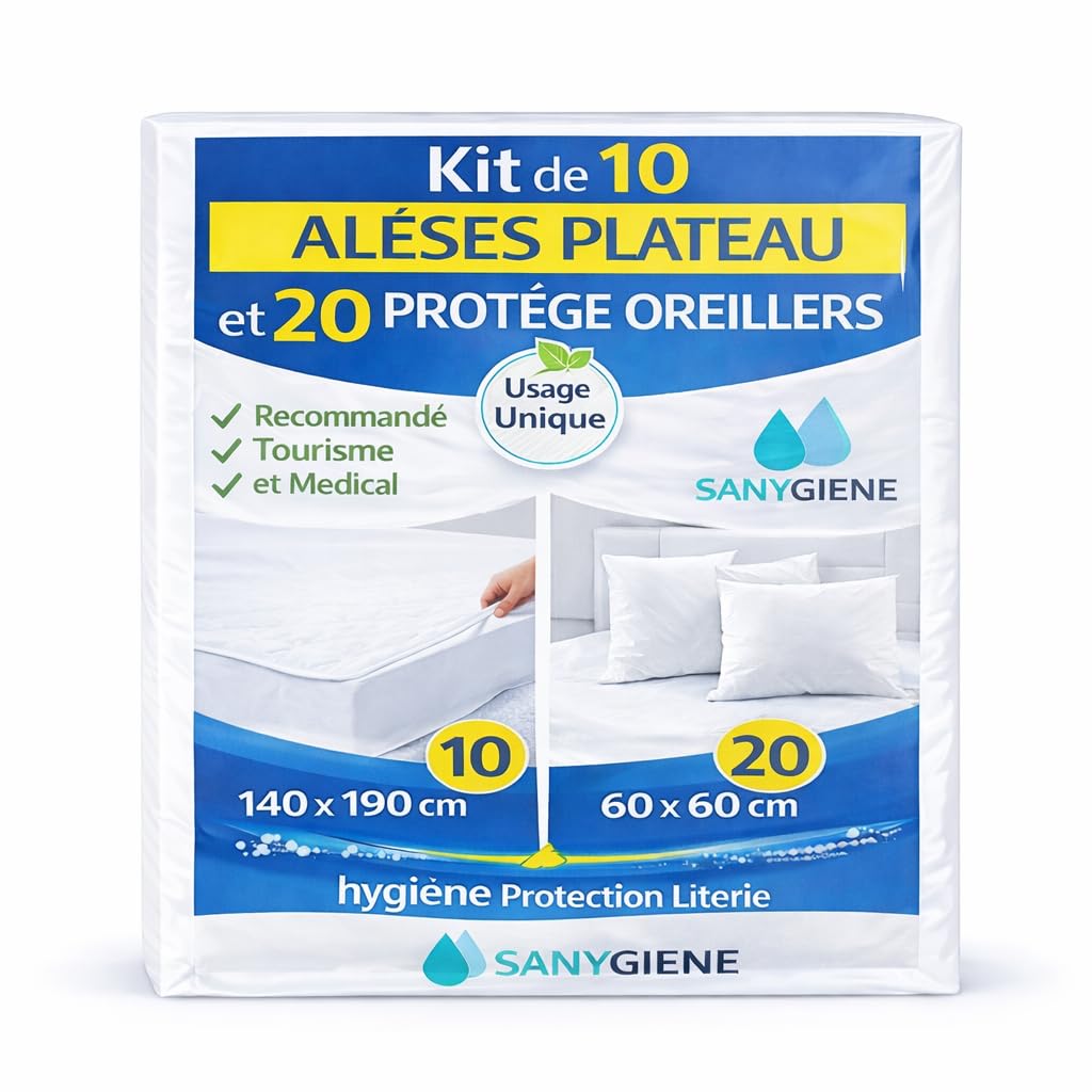 Kit Protection Literie Jetable Lit 2 Places | 10 Alèses Plateau 140X190 cm et 20 Protège Oreiller 60x60 cm | Usage Unique | Recommandé Tourisme et Médical