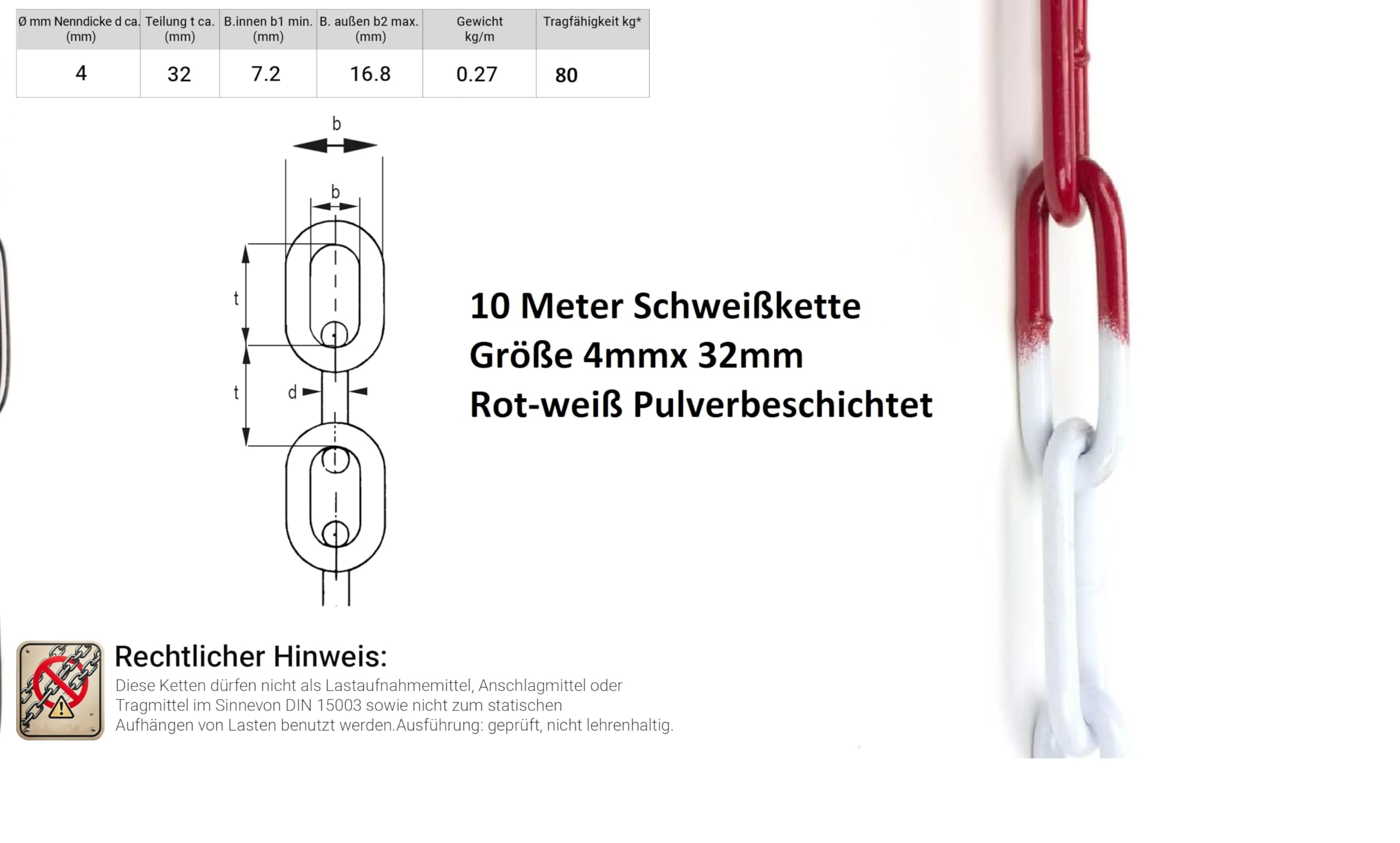10 Meter Absperrkette aus Stahl Rot/Weiß pulverbeschichtete Stahlkette 4mm Durchmesser Absperrkette aus Metall stabile, witterungsbeständige Absperrkette von Marwotec aus Deutschland