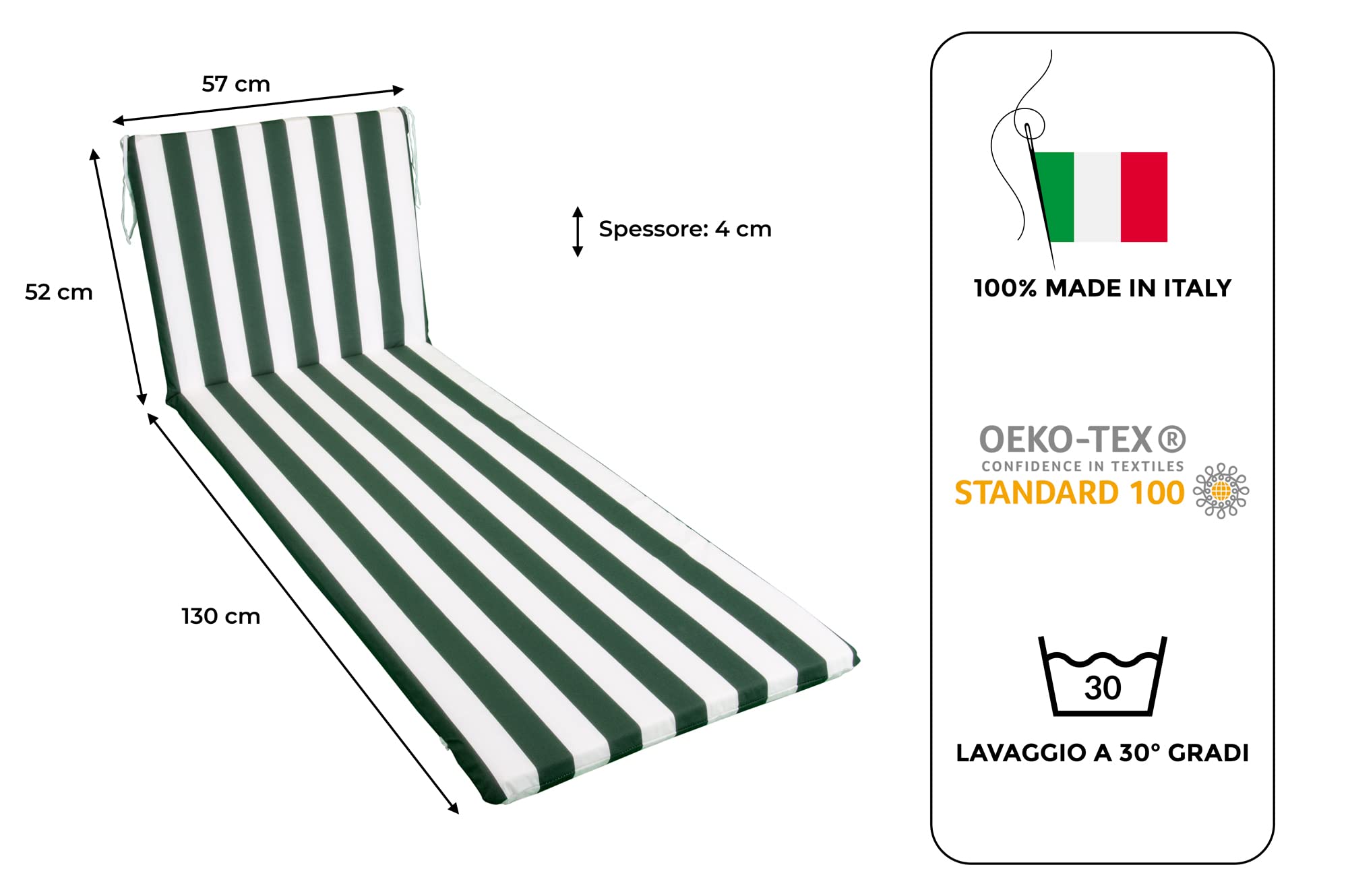 GHIOCUSCINI | Cuscino per Lettino Mare, RIGATO VERDE in Tessuto Cotone 100%, Sfoderabile, 52 + 130 x 57 cm, Alto 4 cm, Made in Italy