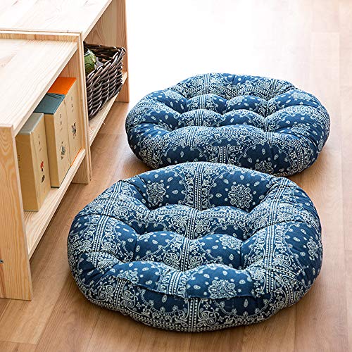 Round Bohemian Floor Cushion Pillow, Mandala Meditation Yoga Tatami Seating Cushion, Cotton Linen Boho India Floor Seat Pillows For Living Room Sofa Bed Balcony Outdoor, 22Inch (Blue White Flower) #TOP4
