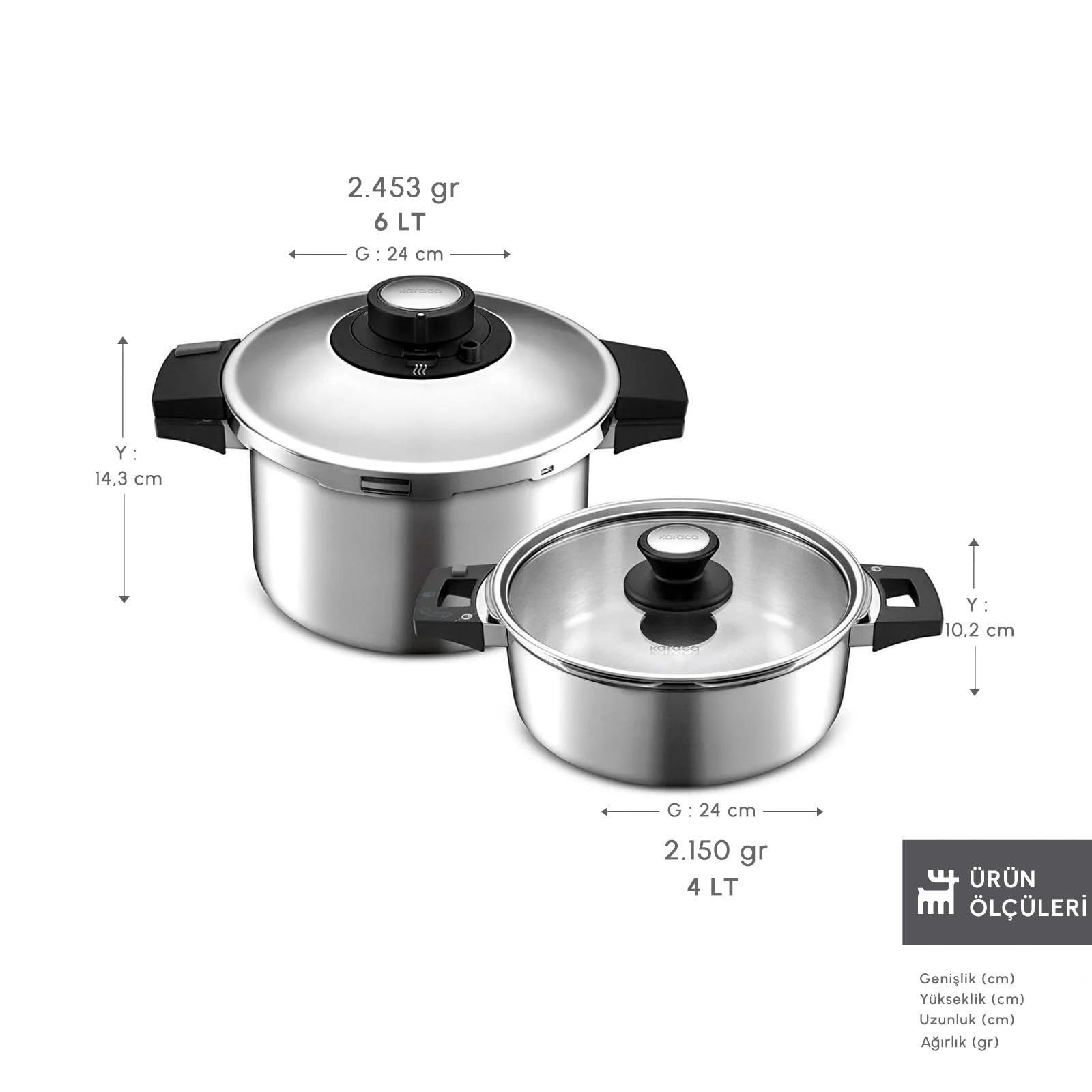 Karaca Quick and Safe Schnellkochtopf-Set 4+6 Lt, Ergonomische, nicht brennende Griffe und Aufsätze aus Edelstahl, Programm Suppen und Gemüse, Programm Fleisch und Hülsenfrüchte