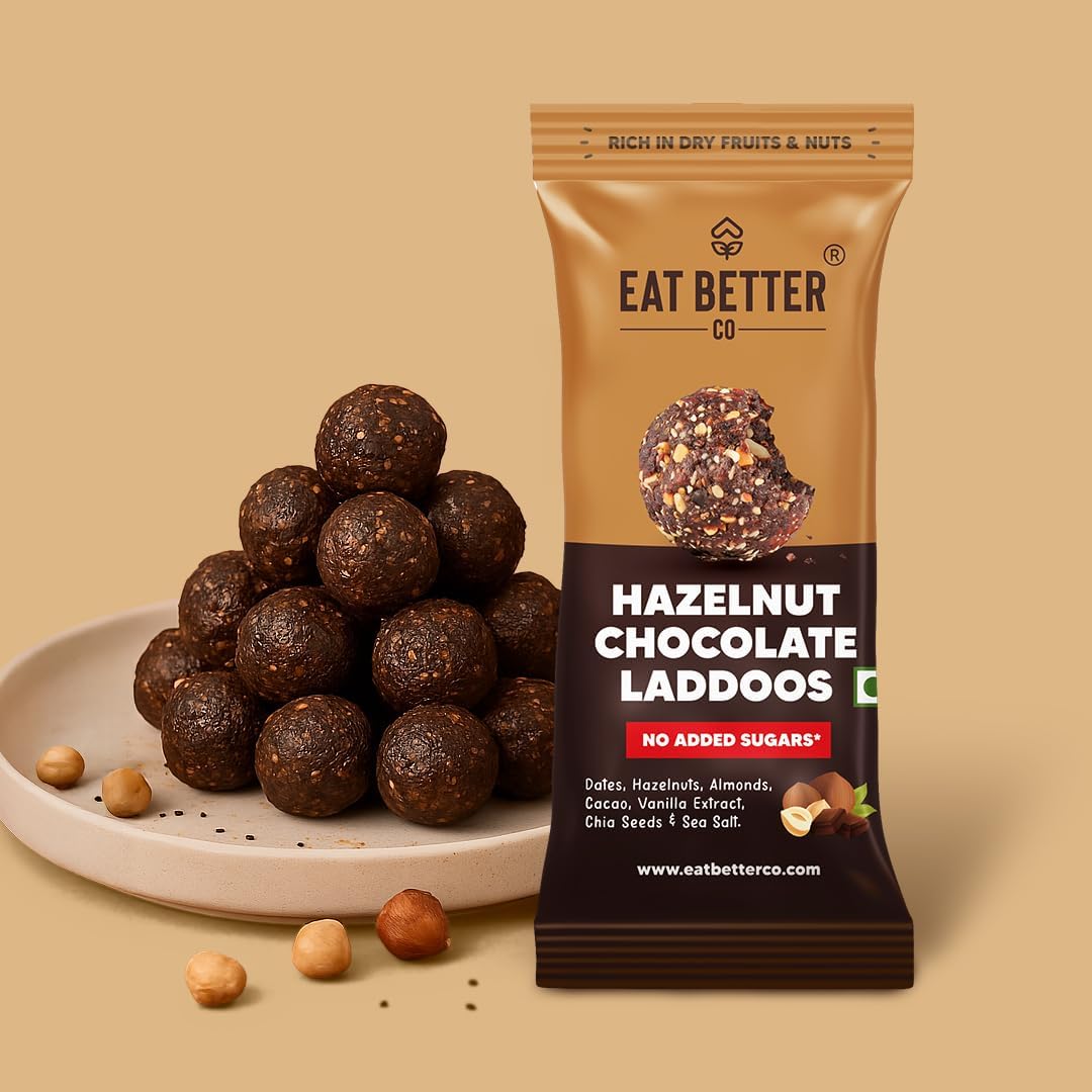 Hazelnut Chocolate Sugar-Free Laddoos | High Protein & Instant Energy | 95% Dry-Fruits - Healthy Chocolate – No Added Sugar | Healthy Snacks | Energy-Bar Replacement (Pack of 4-40gm)
