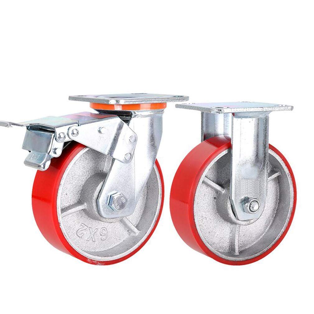 2 Pcs Iron Core Polyurethane Industrialor Wheels, 4"/5"/6"/8" Heavy Duty 360° Swivel Transport Trolleynitureer, Load Capacity 800Kg, Red/Universal/4Inch