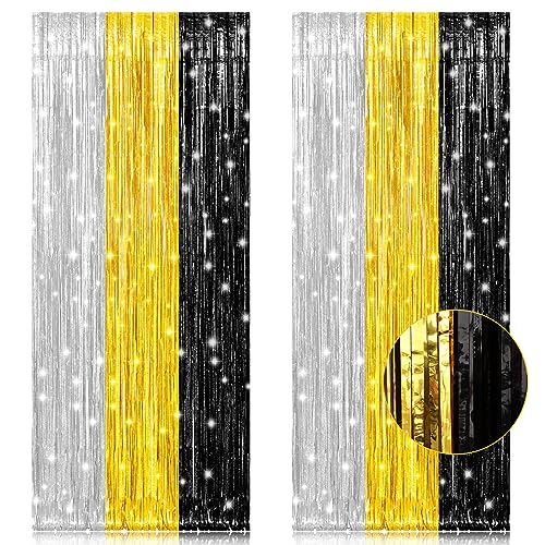 PIGETALE, 2 Pack 3.2x8.2 Feet Silver Black and Gold Tinsel Foil Fringe Curtains Streamers Backdrop for Bridal Baby Shower Wedding Engagement Birthday Graduation Bachelorette Holiday Party Decorations