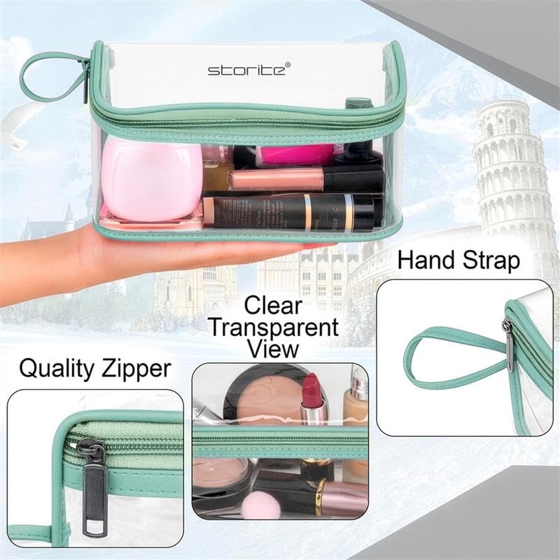 Image of Storite Set of 4 PVC Travel Pouch Set Multipurpose Waterproof Cosmetic & Toiletry Bags with Zipper for Makeup, Stationery & Accessories - Transparent (Green)