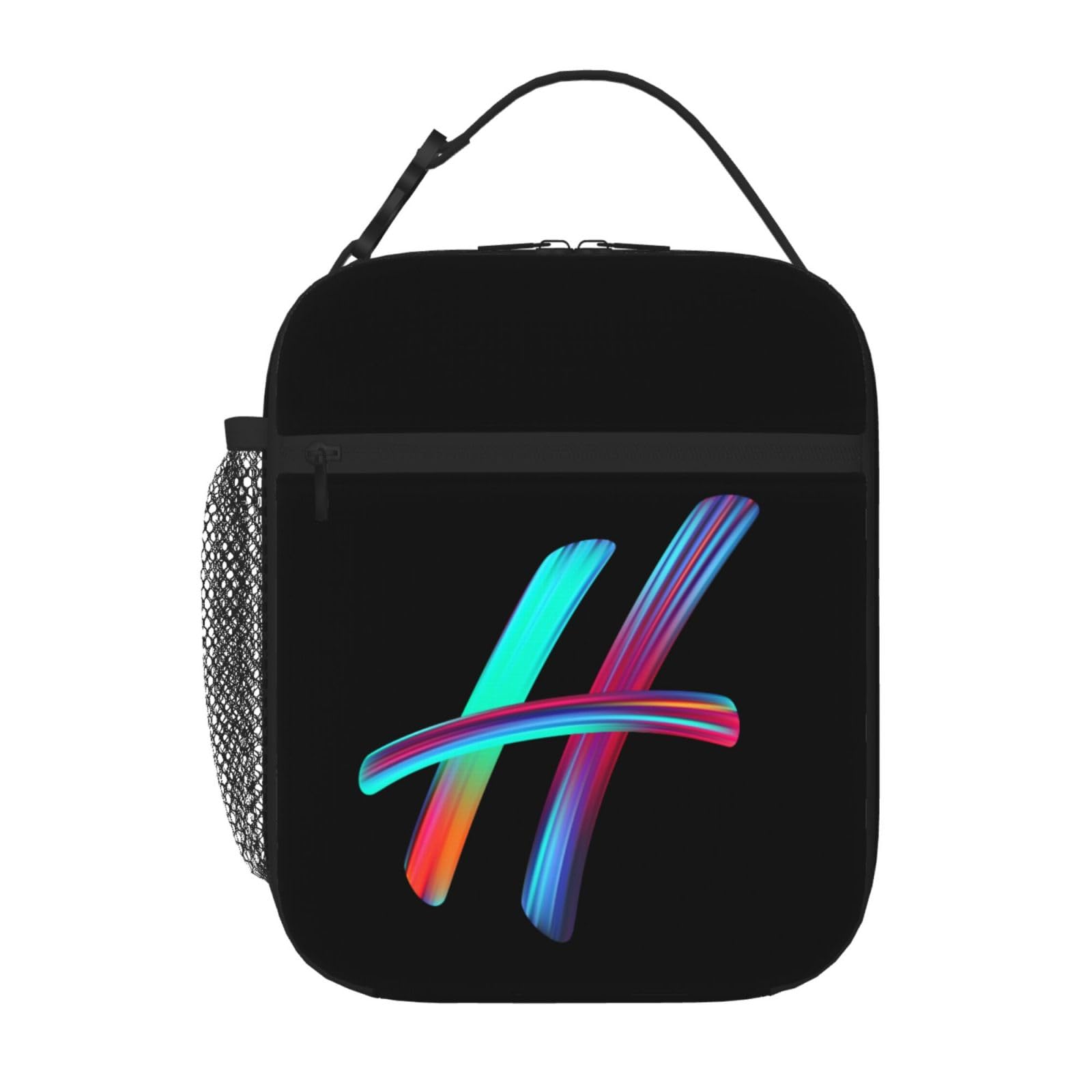 Personalised Letter Lunch Bag with Your Name Print, Custom Black Lunch Box with Initial Words for Adults Kids to Work School, Thermal Insulated Tote Bag with Mesh Pocket Water Bottle Holder, Letter H
